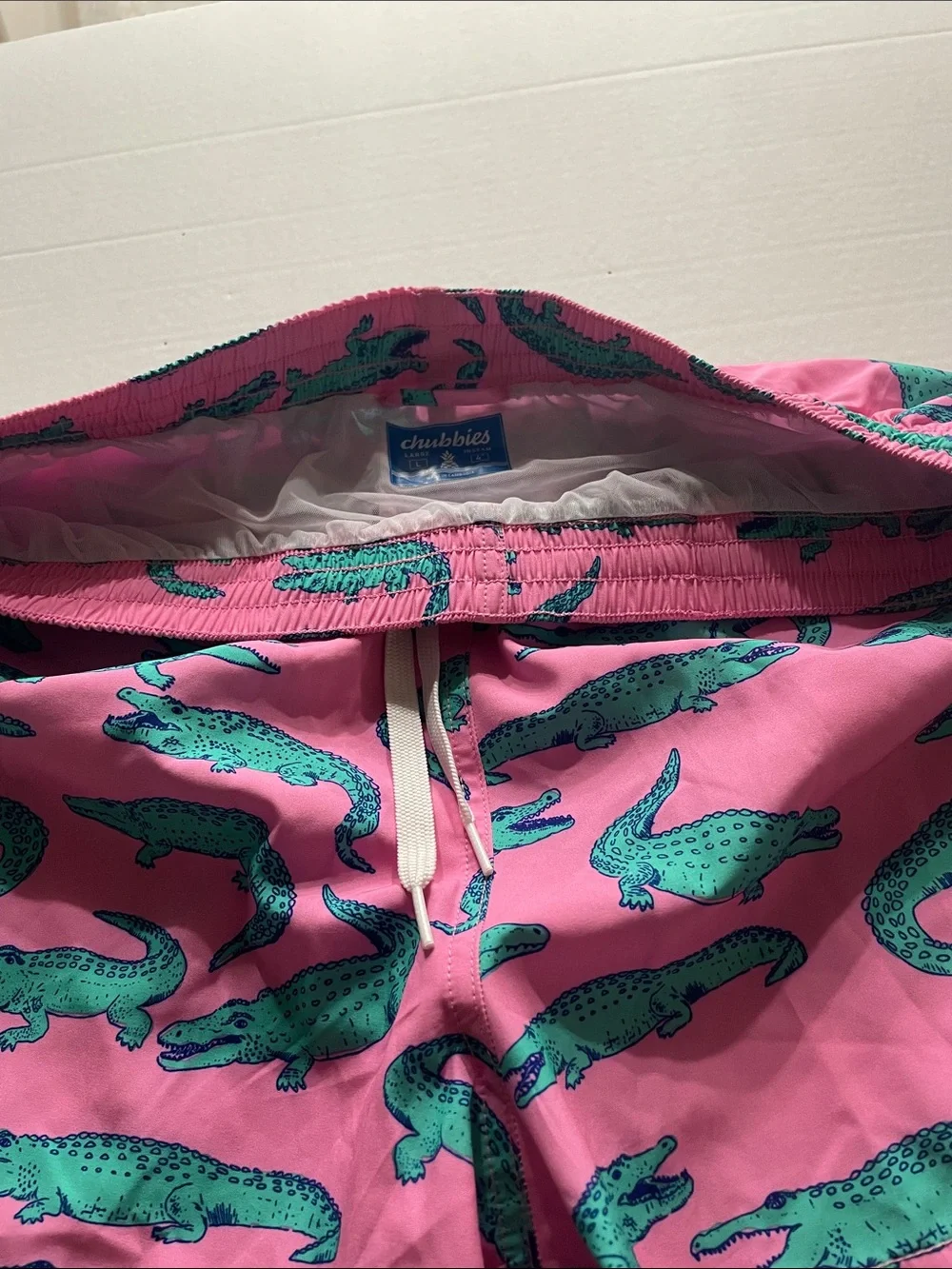 Chubbies Pink Swim Shorts with Teal Alligator Print